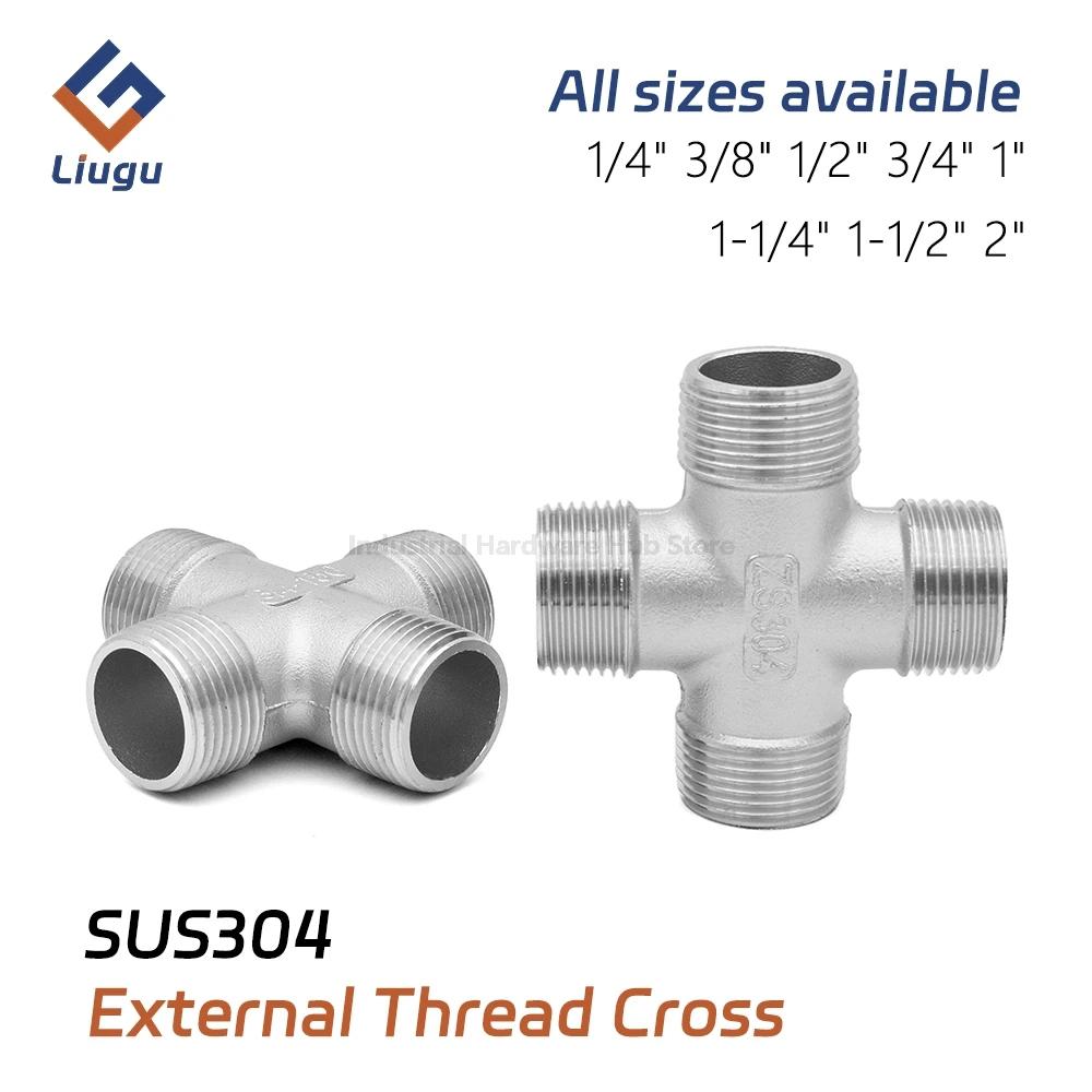 304 Stainless Steel Male Threaded Four-way Cross, BSP Full External Thread 4-way Pipe Fitting, 1/4