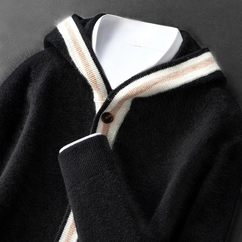 High-End Color-Block 100% Cashmere Sweater Men's Hooded Cardigan Buttoned Thick Knitted Jacket Versatile with Pockets