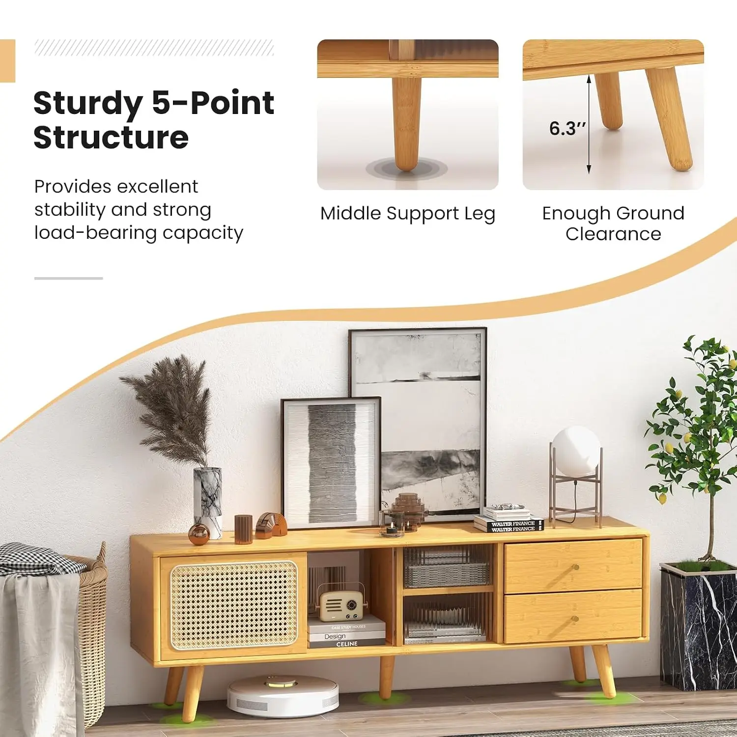 Bamboo TV Stand for 55 60 65 Inch TV, PE Rattan Entertainment Center with Sliding Doors, Drawers, Open Shelves, 5, Customized