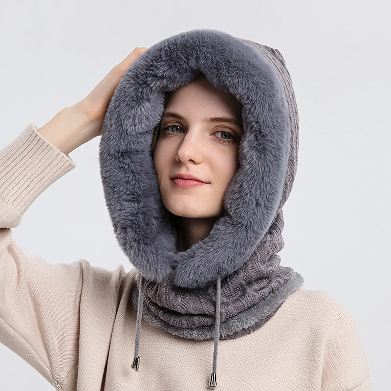 Hat Hooded Neck Scarf Mask Warm Thicken Knitted Fluff Winter Cap For Women Outdoor Ski Windproof Hat Plush Fluffy Beanies Caps