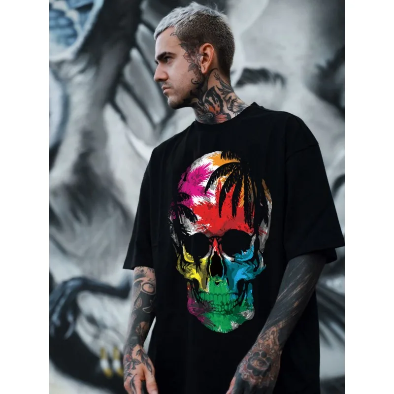 

European and American Skeleton Short Sleeved T-shirt Men's Summer Loose Retro Street American Oversiz Half Sleeve Top
