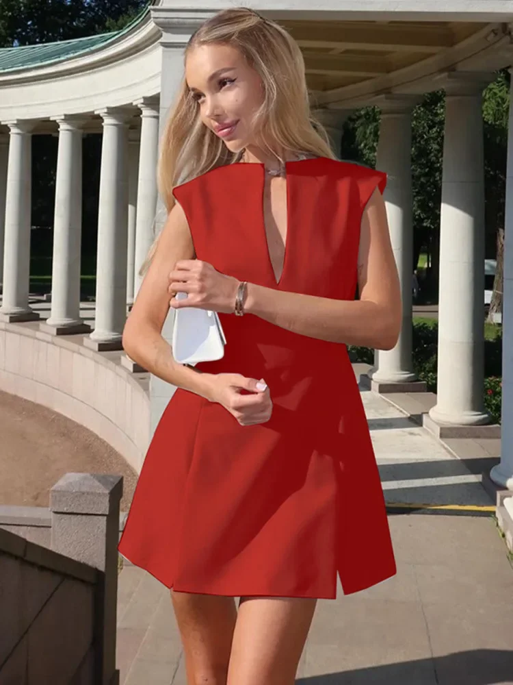 V Neck Sleeveless Sexy Mini Dress Women Solid Fashion High Waist A-line Club Party Tank Dress Female Elegant Dresses