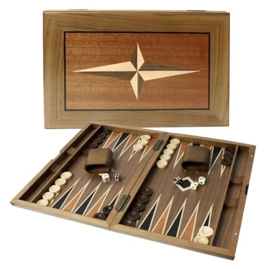 

Premium Wooden Folding Inlay Backgammon Board Set Classic Traditional Strategy Board Games Star 17 Inches