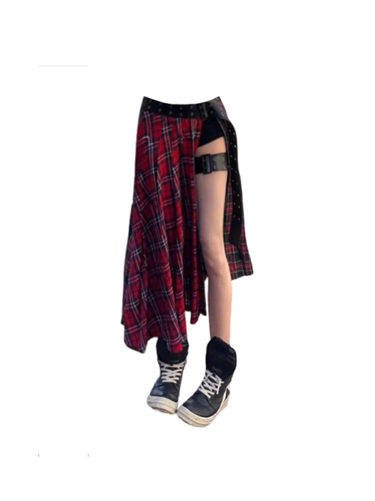 Women's Red Plaid A-Line Skirts Y2k Harajuku Korean Long Skirts Vintage Streetwear Aesthetic Skirt 2000s Oversize Clothes Summer