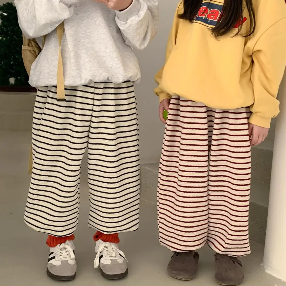 

2024 Spring Costume New Fashion Children Waffle Sweatpants Loose Boy Baby Striped Casual Pants Kid Girl Cotton Sports Trousers