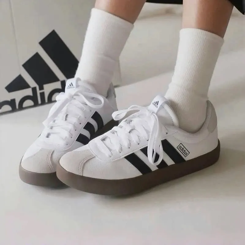Adidas Womens Low Top Skate Style Sneakers ID8797 White Black Grey Leather Like Upper Contrast Side Stripes Panels Padded Collar
