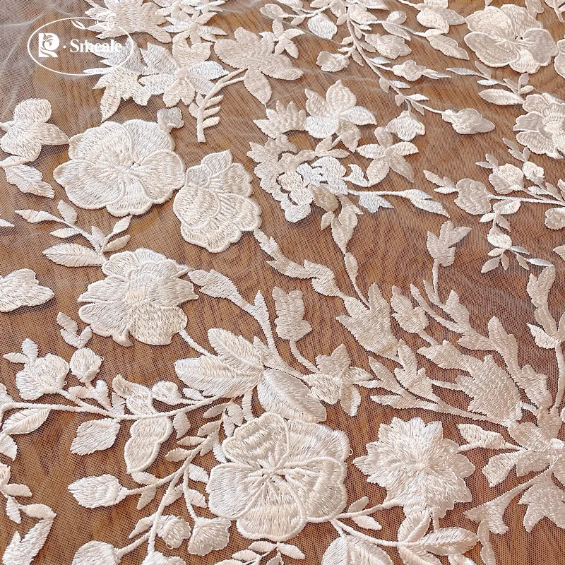 ウェディング用レース生地、刺繍花、ツウィッグドレス、レースメッシュ生地、DIY縫製アクセサリー、ホワイト