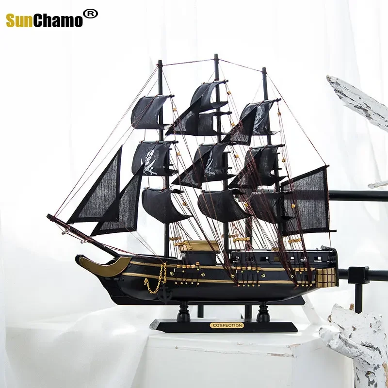 50cm Solid Wood Pirate Ship Mediterranean Sailing Model Wooden Crafts European Ornament Boat Manual Craft Accessories Home Decor