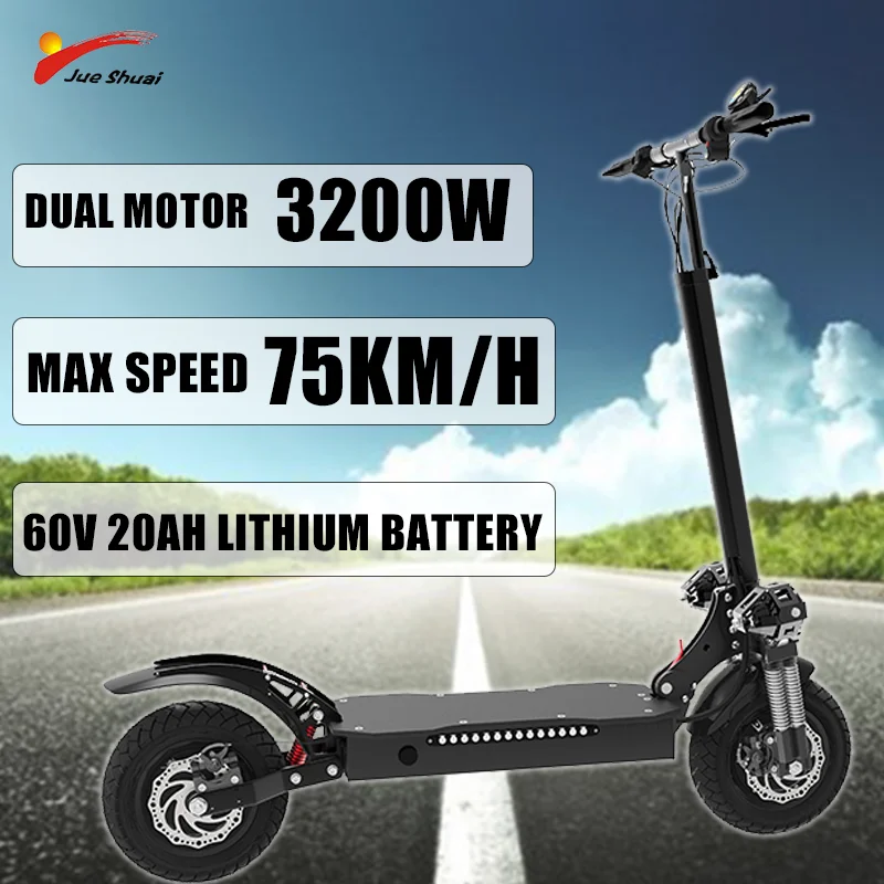 60V 20AH Lithium Battery Electric Scooter 3200W Dual Motor Electric Scooter 75KM/H Top Speed 10 Inch Off-Road Tire for Adults