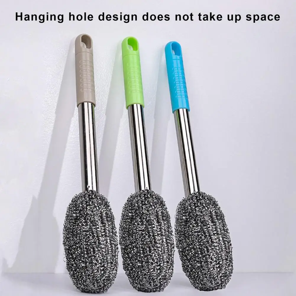 Crevice Brush Long Handle Stainless Steel Sponge Scrubber with Built-in Spring for Pots Pans Durable Kitchen Tool for Stains