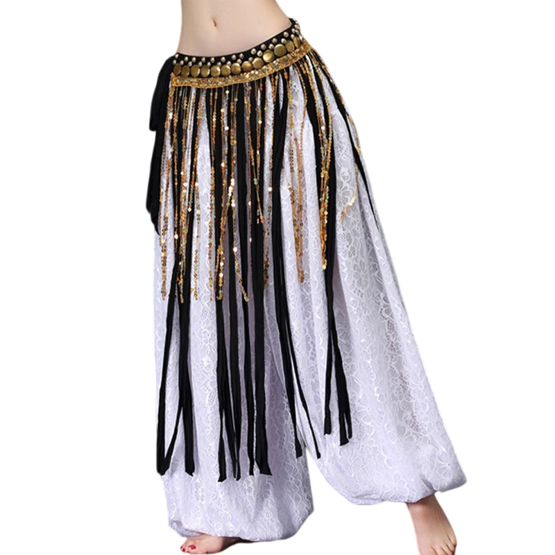 Long Fringe Belly Dance Hip Scarf with Metal Coins Middle Eastern Dance Waist Wrap for Performance Practice