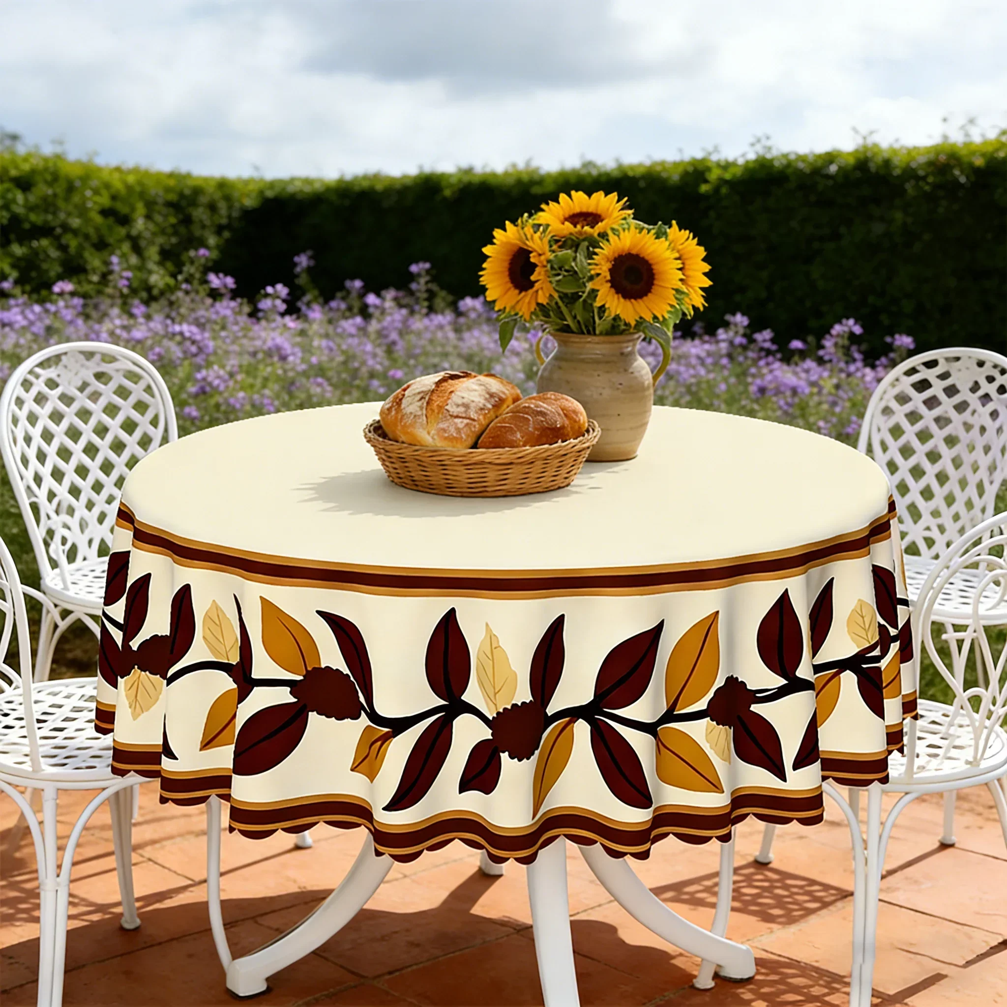 1pc, Simple Autumn Leaf Pattern Round Tablecloth, Brownish Yellow Fallen Leaves Design, Polyester Material, YZB