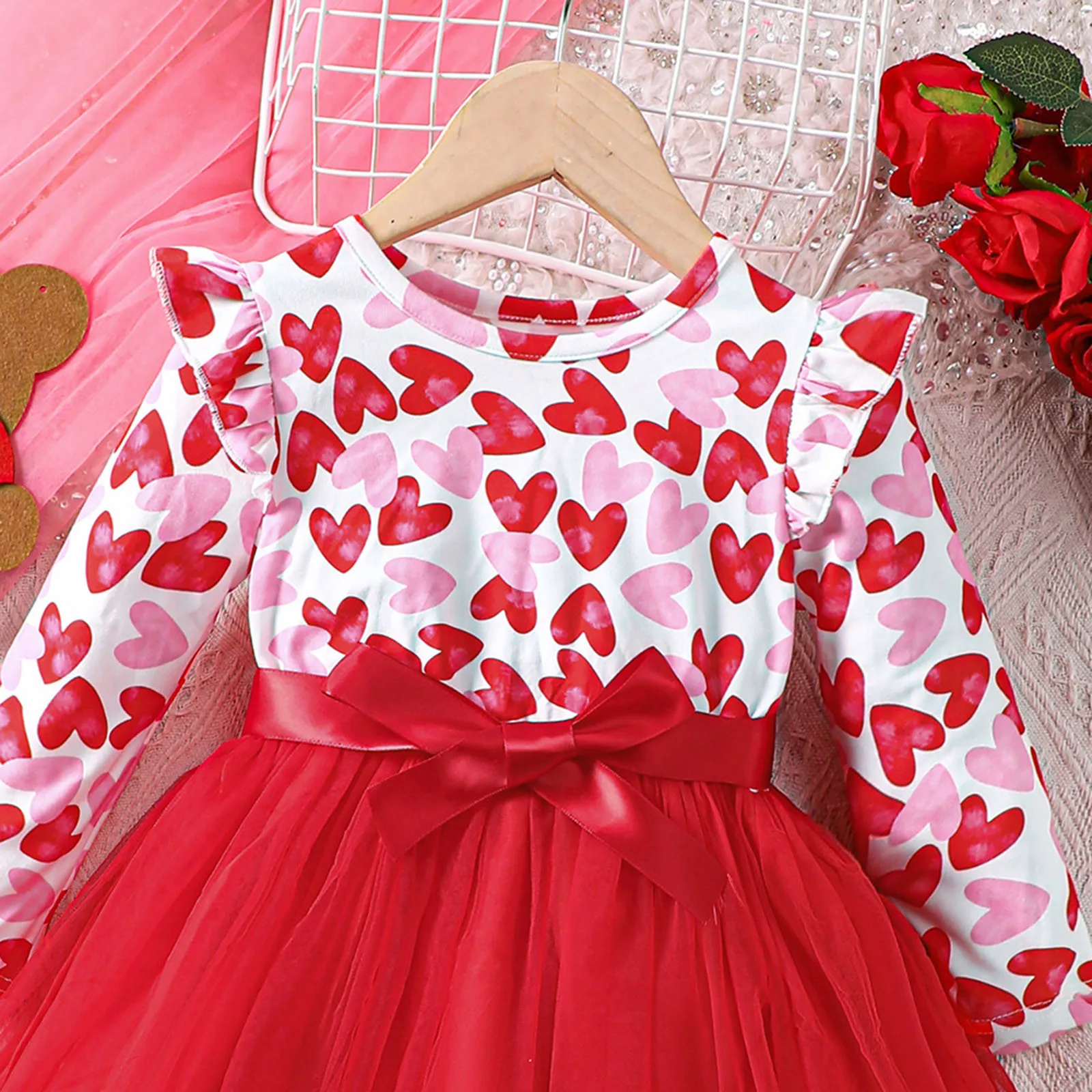 Kids Hearts Print Dresses For Girls 1-5Y Patchwork Tulle Princess Dress Party Evening Tutu Dress Autumn Winter Children Clothes