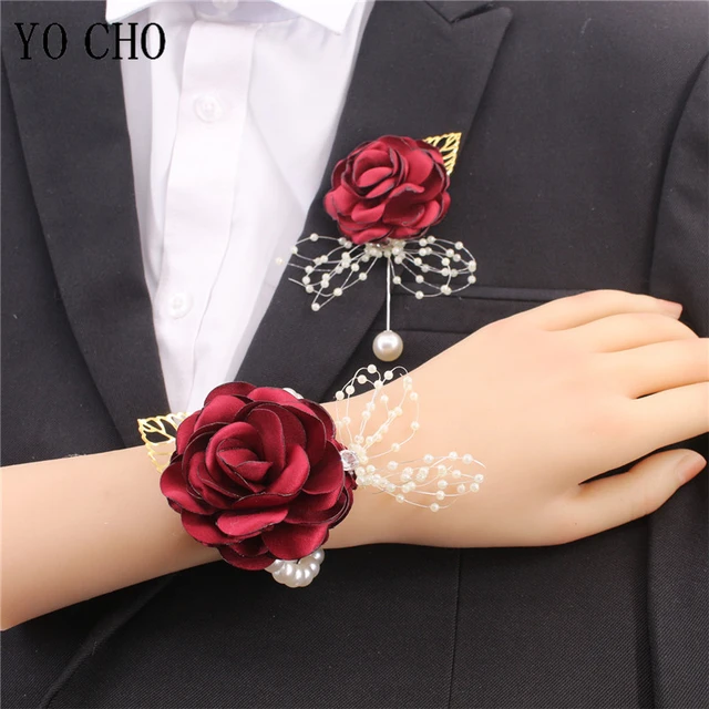 Girls Bridesmaid Wrist Flower Wedding Prom Party Boutonniere Silk Rose Pearl Wristband Bracelet Hand Flowers Wedding Accessories AliExpress