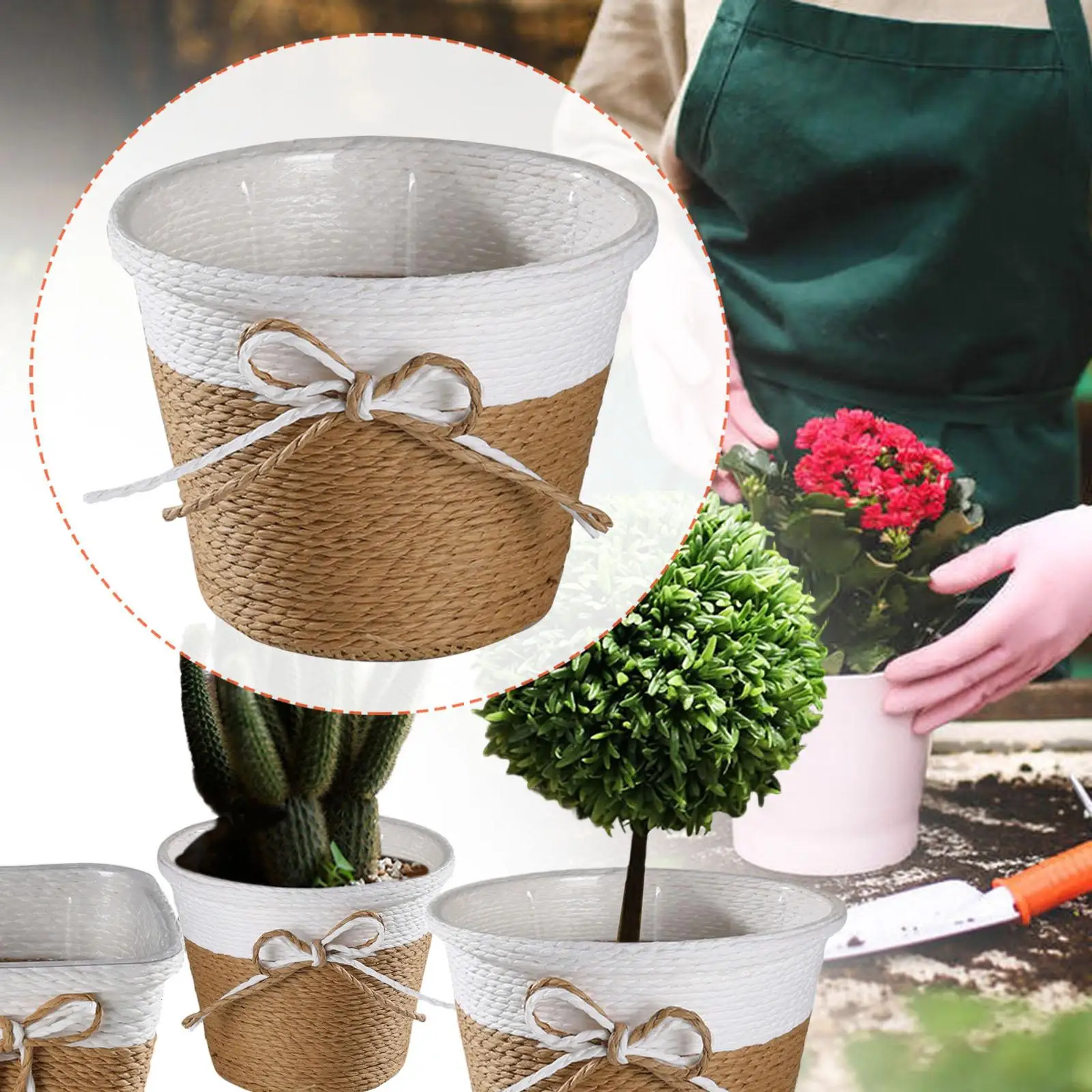Handmade Plant Basket Paper Rope Flowerpot Holder Indoor Outdoor Decoration for Office Balcony Terrace