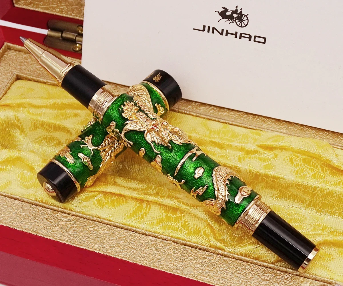 Luxury  Handmade Jinhao Roller Ball Pen, Green Cloisonne Double Dragon Pen Advanced Craft Writing Gift Pen for Business Graduate