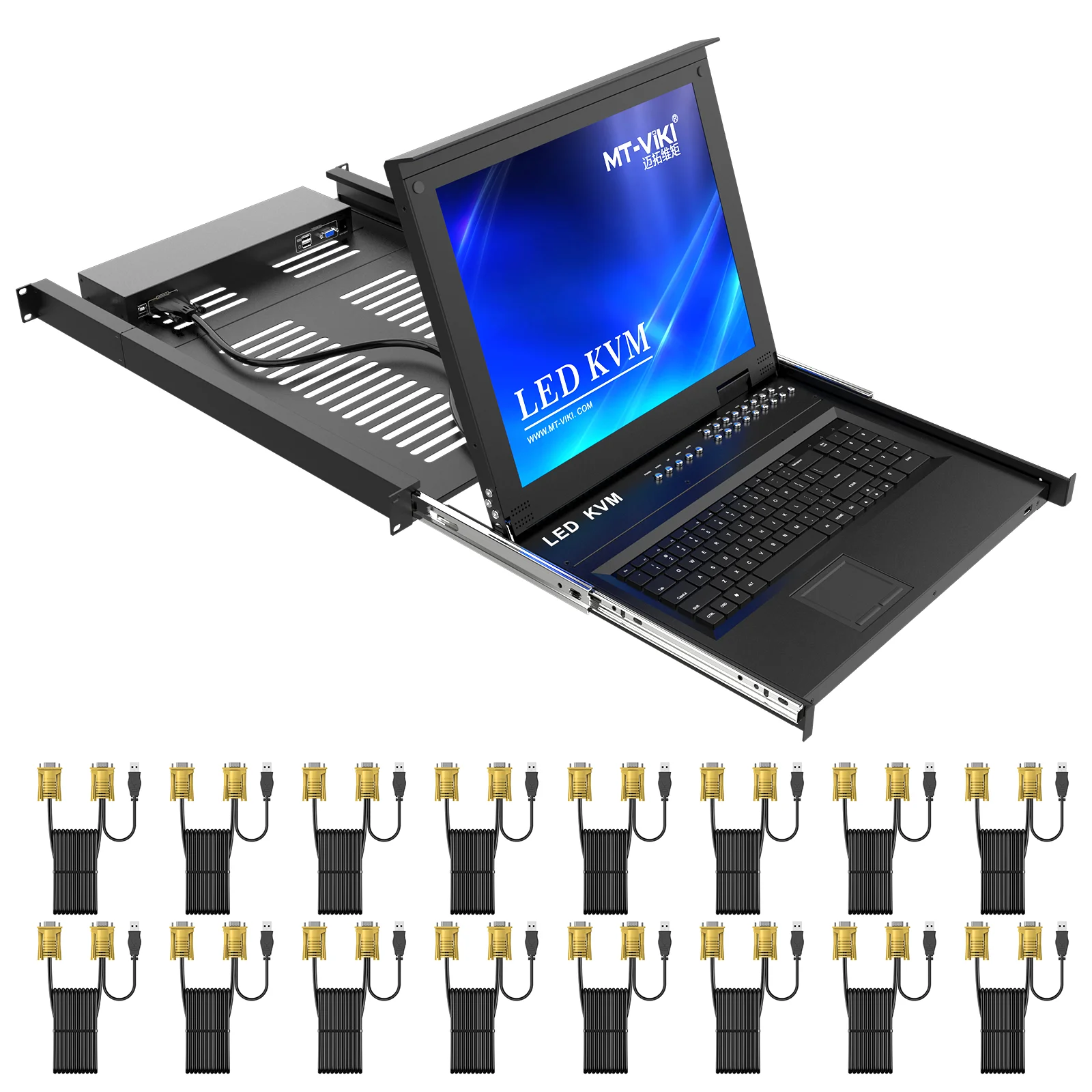 17'' LED 16 Port Rackmount KVM Switch Console Drawer + 16-pack Cables,  USB VGA LCD KVM Switch 16 in 1 Out