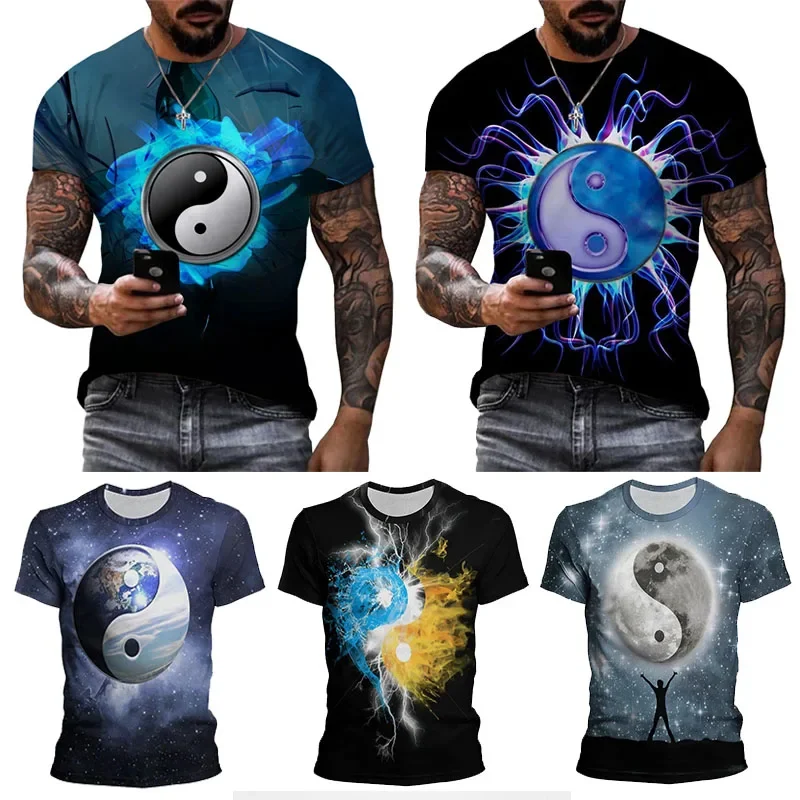 

3D Chinese Style Printed Short Sleeve T-shirt for Men, Vintage Crew Neck T-shirt, Casual Streetwear, Singer Tai Chi, Eight Trigr