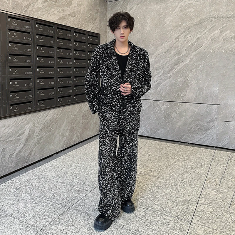 IEFB Niche Desige Men\'s Two-piece Sequins Single Breasted Blazer Straight Loose Wide Leg Pants Loose Male Fashion Menwear 9C7731