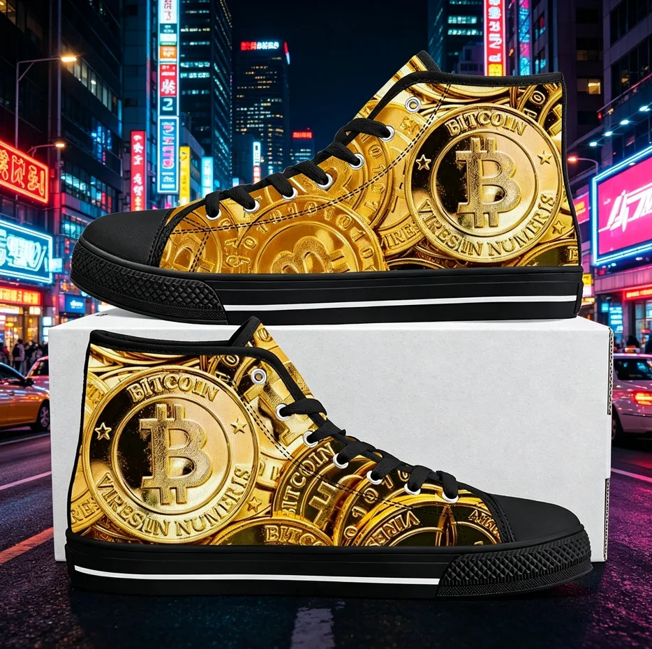 Bitcoin Crypto Logo Graphic Print High Top Canvas Sneakers Men Women Fashion Casual Custom Footwear