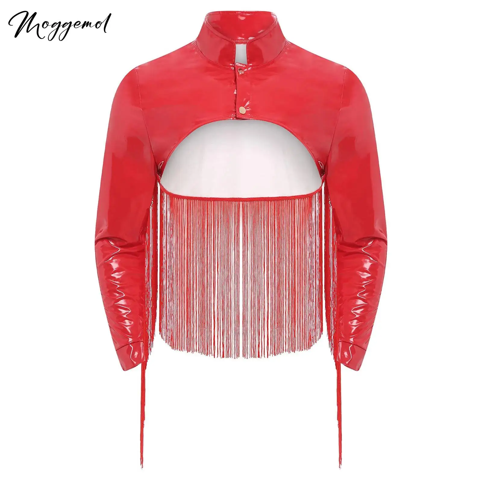 

Mens Shiny Leather Fringed Jacket Mock Neck Long Sleeve Asymmetrical Hem Crop Top for Halloween Club Rave Party Music Festival