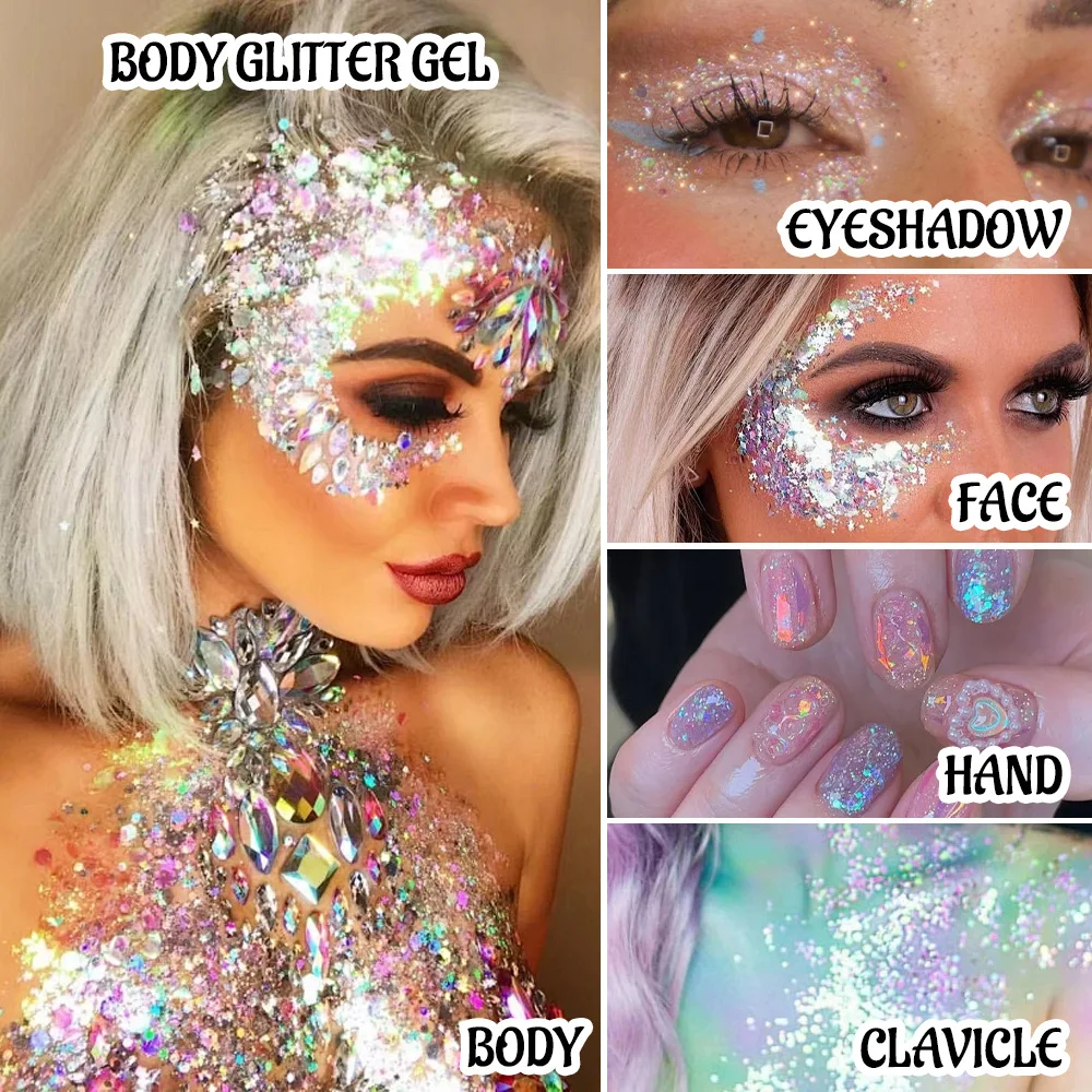 Mermaid Sequins Body Glitter Gel Multi-Color Shining Makeup Glitter for Face Hair Eyeshadow DIY Nail Art Music Festival Cosmetic