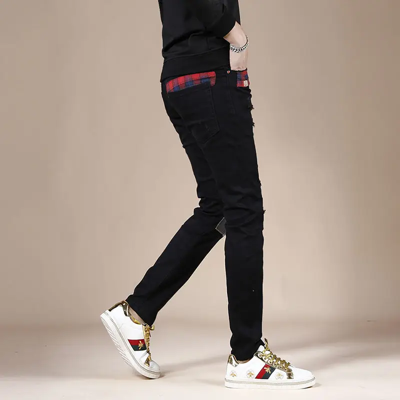 Light Luxury Men’s Slim-fit Stretch Jeans,Patchwork Decors Trendy Casual Denim Pants, Hip Hop Street Fashion Black Jeans Pants;