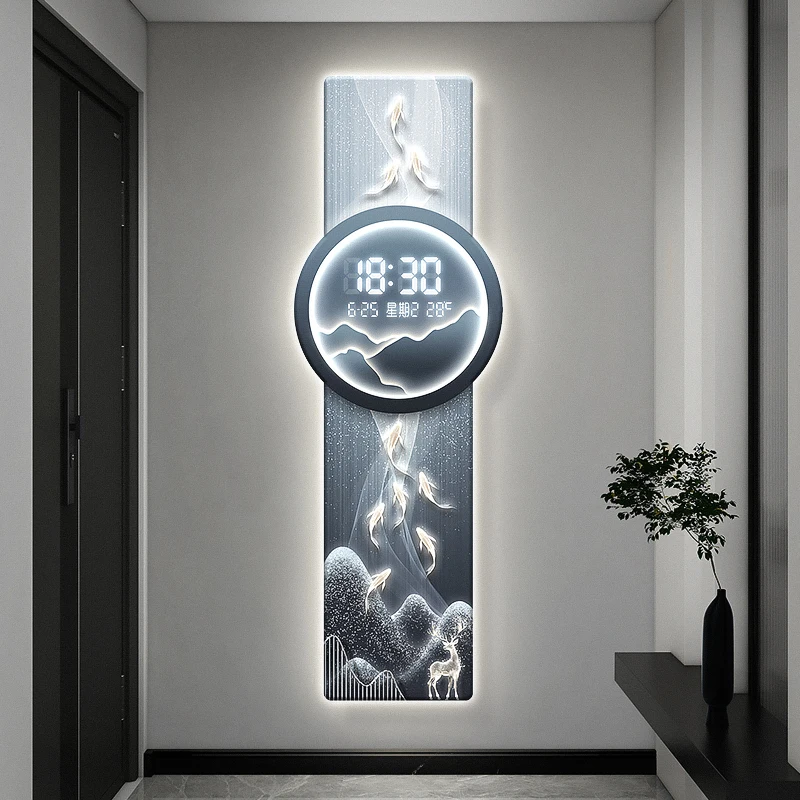 LED Wall Clock Nine Fish Picture Living Room Electronic Clock Temperature With Date Digital Clock Corridor Home Decoration