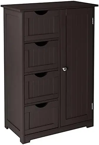 

Small Bathroom Floor Cabinet Free Standing Waterproof Wooden Side Organizer with 4 Drawer and 1 Cupboard Homes (Espresso)