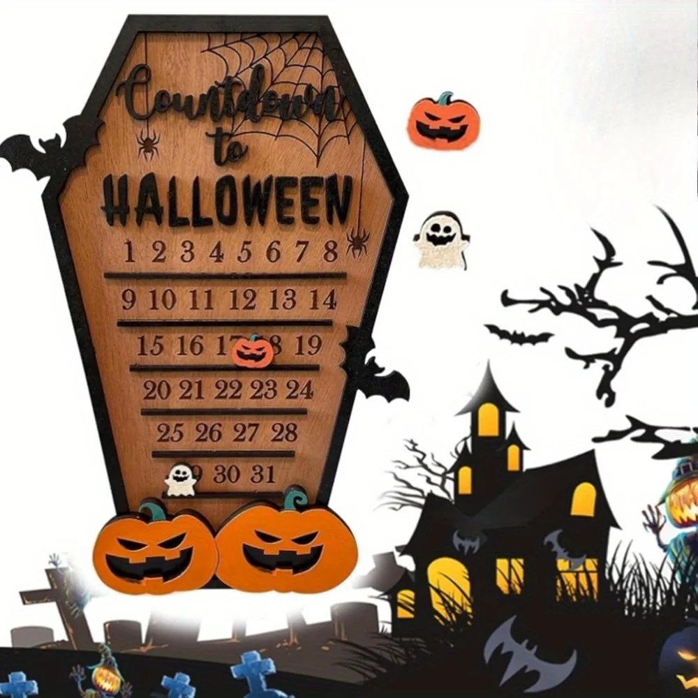Halloween Coffin Decoration Countdown Advent Calendar Ornament Wooden Block Calendar Spooky Home Office Table Decor Crafts