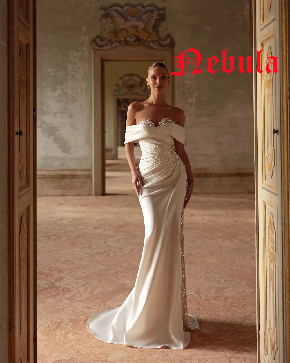 Vestido de novia de manga corta con hombros descubiertos, elegante, personalizado, de satén, sin tirantes, exquisito tren capilla, vestidos de novia sin espalda