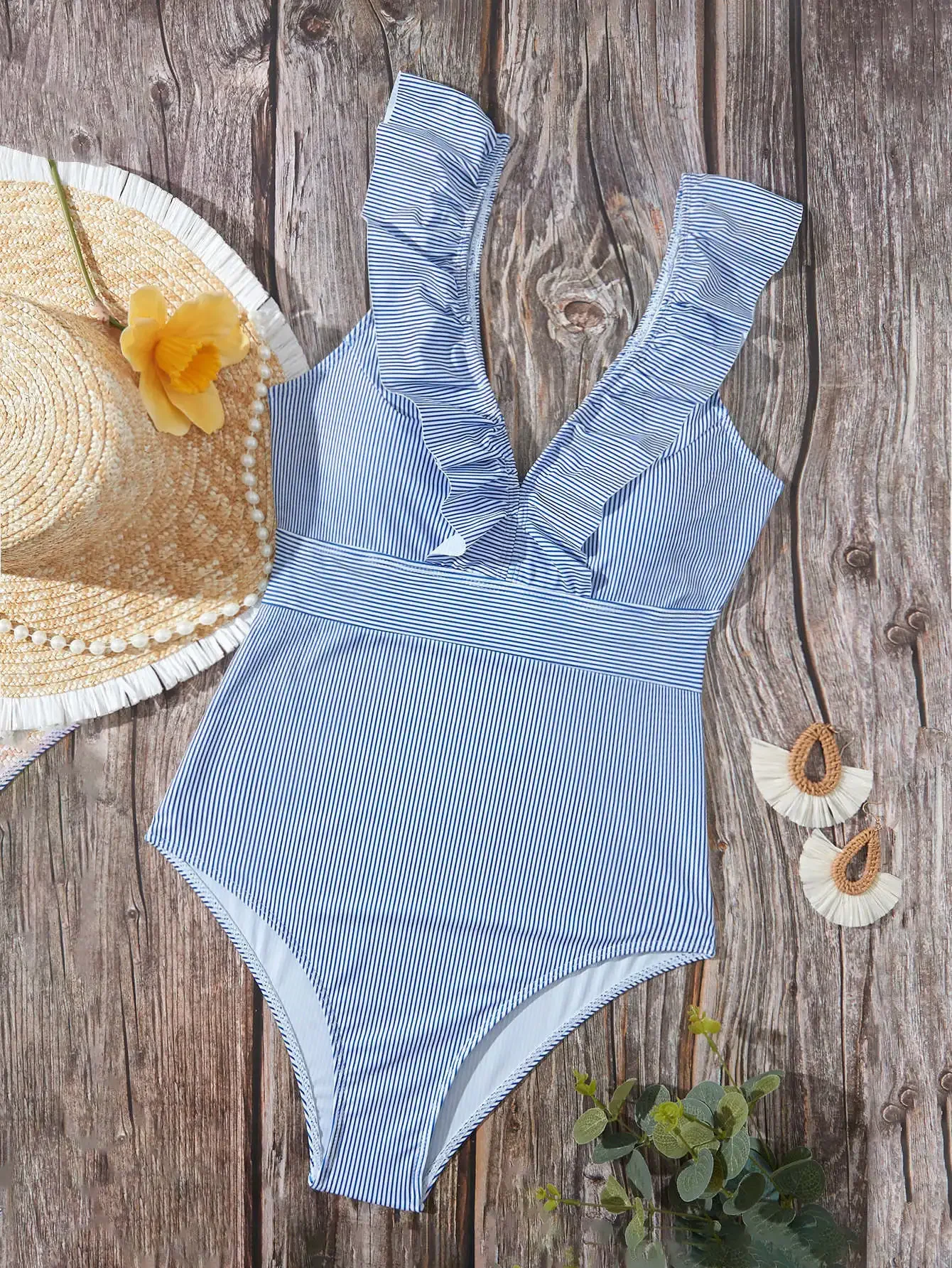 

2025 Blue Striped Sexy One Piece Swimsuit Women Ruffle Plunge Swimwear High Cut Bathing Suits Beach Wear Monokini Swimming Suit