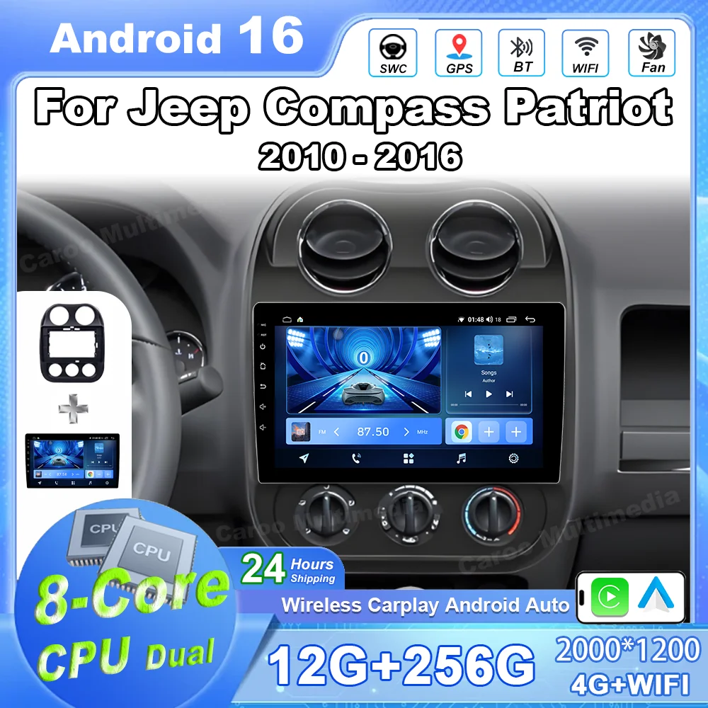 Radio para Auto Android 16 para Jeep Compass Patriot 2010 - 2016, Reproductor Estéreo, GPS, Navegación, Carplay, DSP, RDS, Reproductor de DVD, 4G