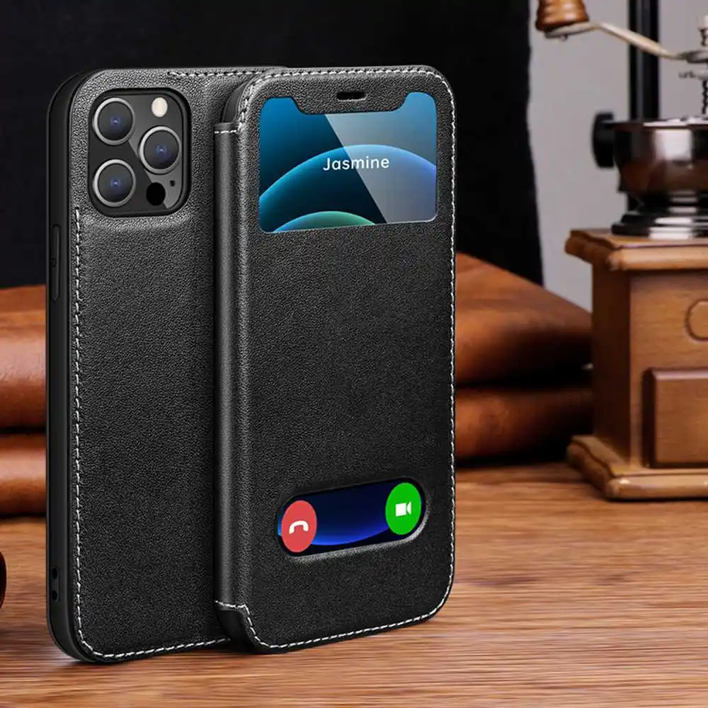 Window View Genuine Leather Case For iPhone 14 Pro Max 14Plus 13 12 Mini 11 7 8Plus SE 2022 Free Answer Wallet Stand Flip Cover