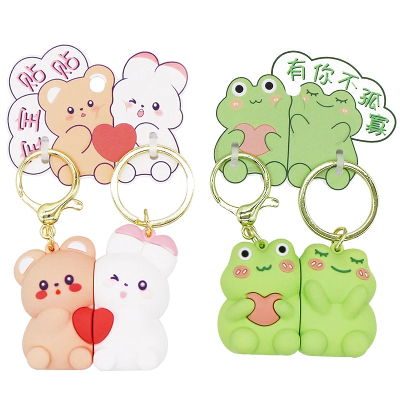 2Pcs Magnetische Schlüsselbund Nette Cartoon Bär Kaninchen Anhänger Kreative Tasche Hängen Zubehör Nette Paar Schlüsselbund Geschenk Dekoration