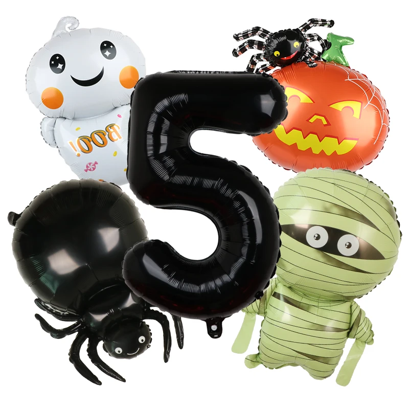 5PCS Halloween BOO Mummy Spider Pumpkin Balloon Set With 32inch Black Number Boys Birthday Party Baby Shower Helium Balloon