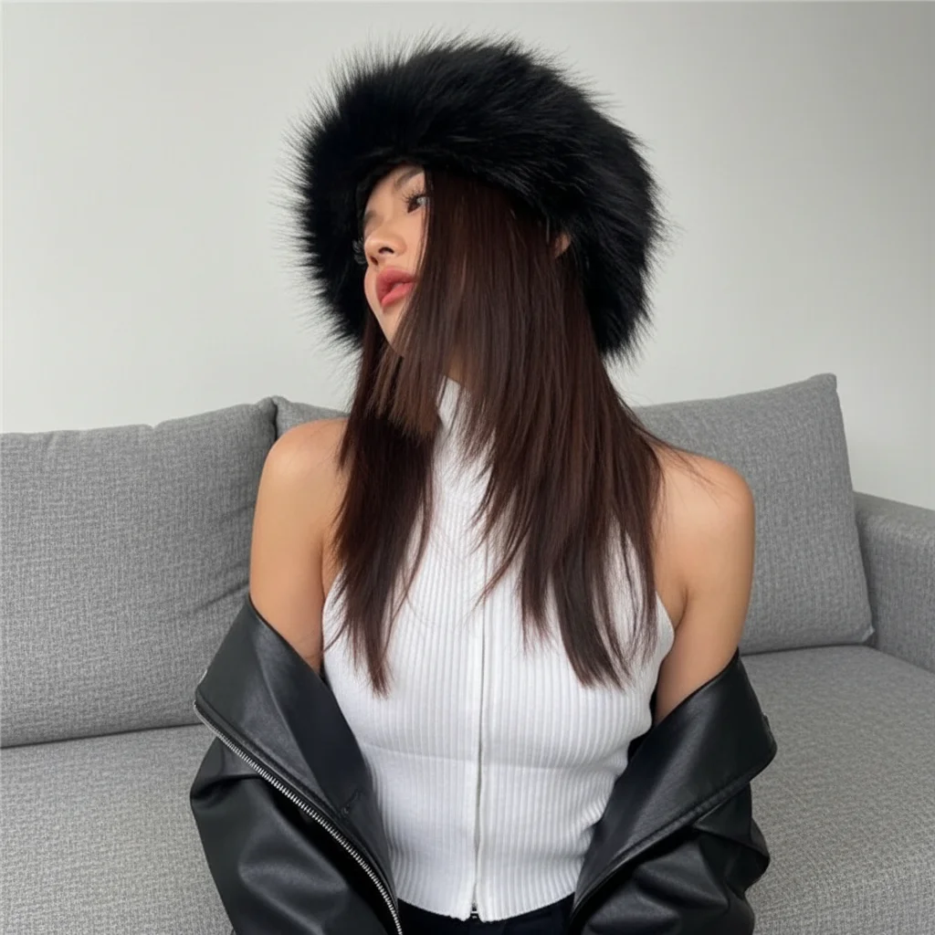 

Thicken Warm Faux Fur Headband Fashion Fluffy Empty Top Fur Hat Korean Style Ear Protection Snow Ski Cap All-Match No Top Hat