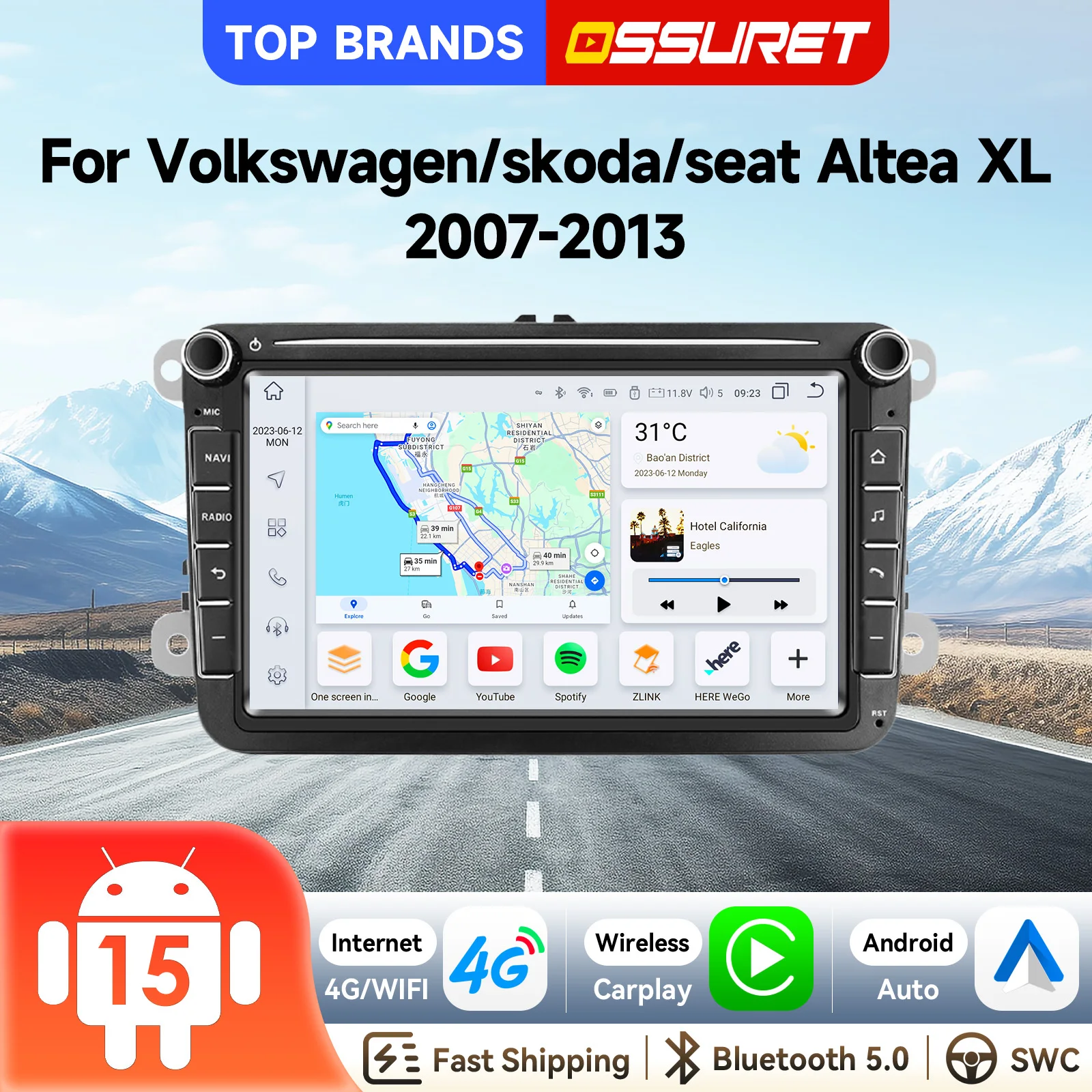 OSSURET Schneller Versand 2 Din 8 Zoll 7862 Android 15 Autoradio für Volkswagen Golf 5 6 Polo Passat B6 B7 SCIROCCO GPS-Navigation DSP Audio WiFi Autoradio Wireless Carplay Android Auto 4G-LTE