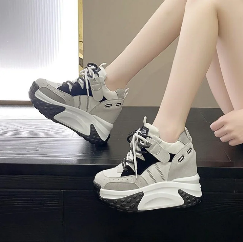 Sepatu Sneaker wanita, sepatu Sneaker wanita musim panas, sepatu Wedge bernafas tinggi 10.5CM, sepatu latihan musim panas, sepatu nyaman