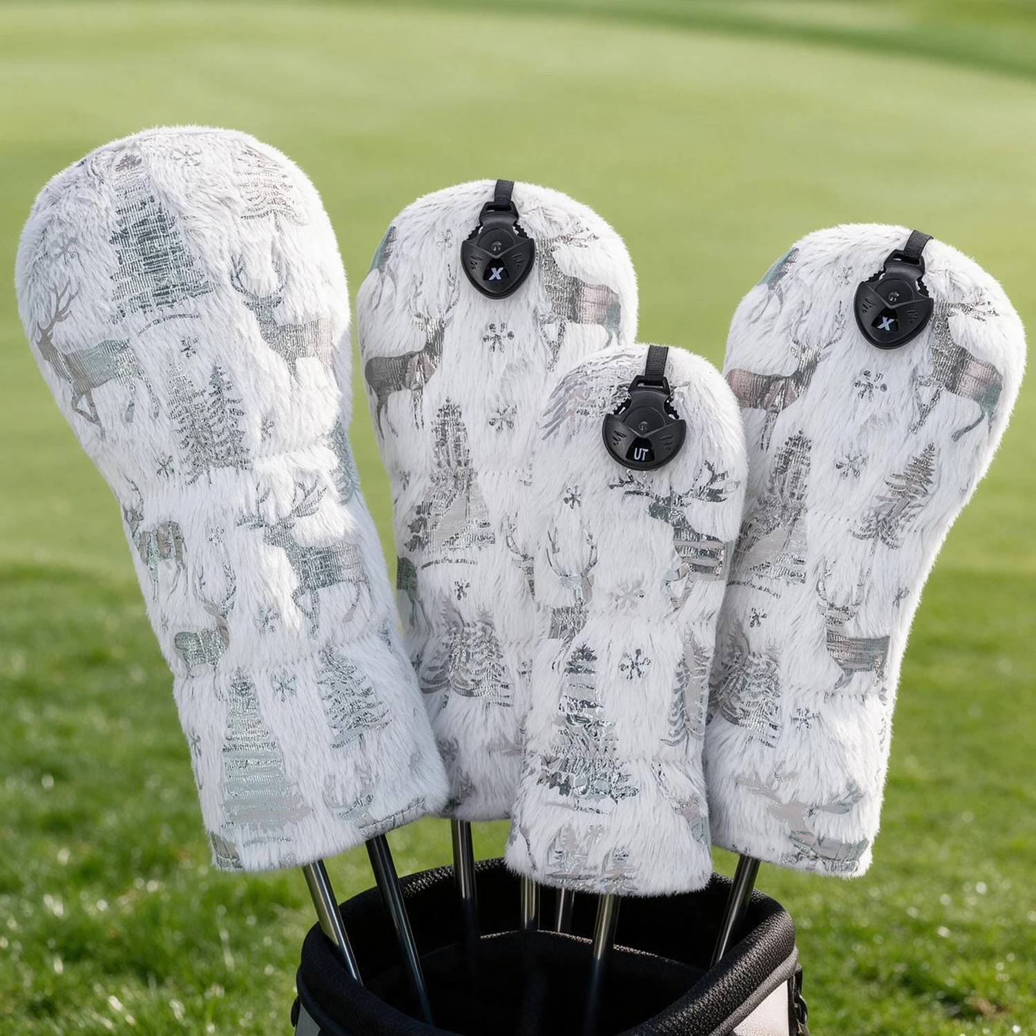 1PC/4PCS Golf Wood Head Cover Set, Silver White Elk Snowflake Plush Christmas Design, Cute Festive Club Protective Cover