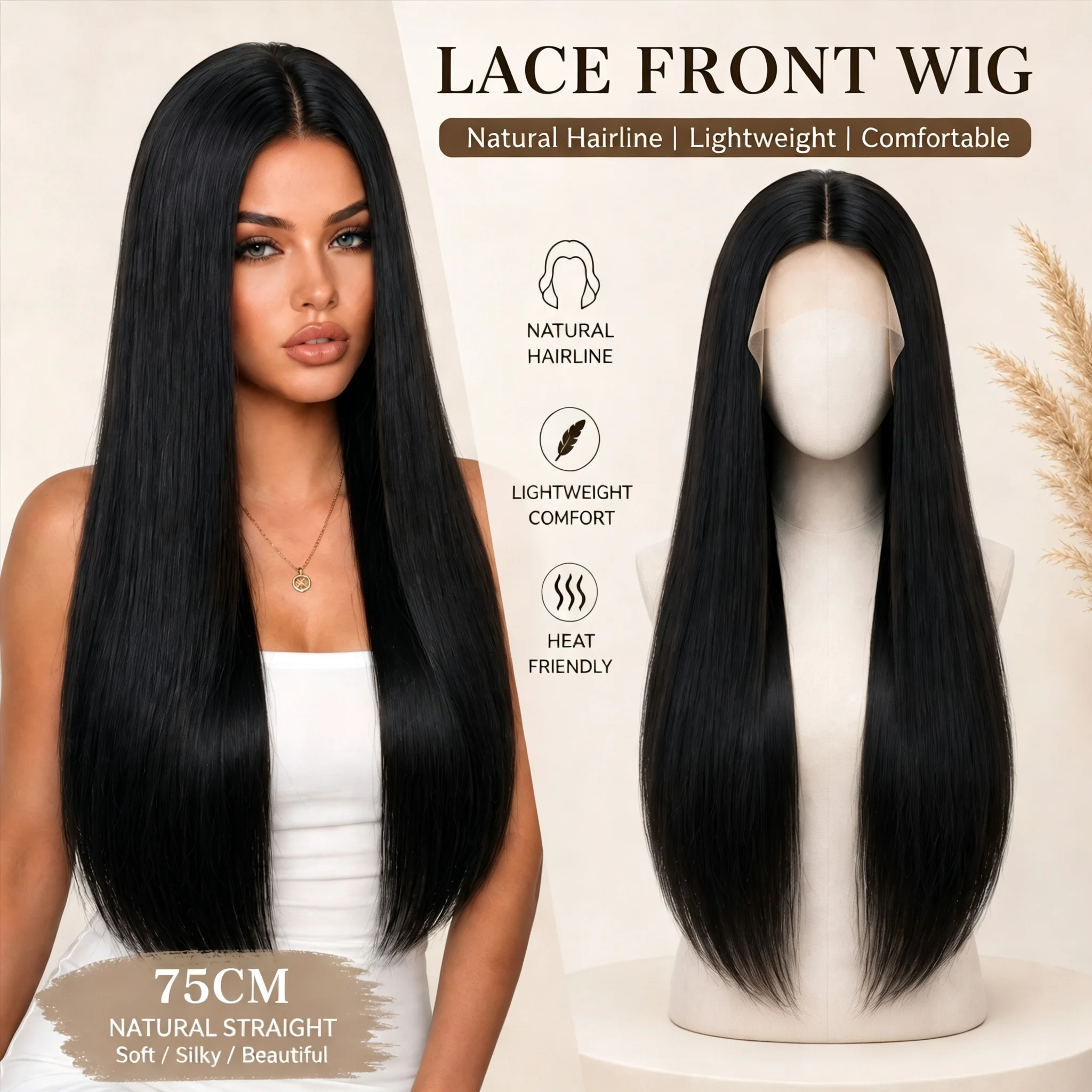 Stylish High-Temperature Fiber Long Straight Wig with Small Frontal Lace Middle Part Soft Smooth Daily Synthetic Hair for Women
