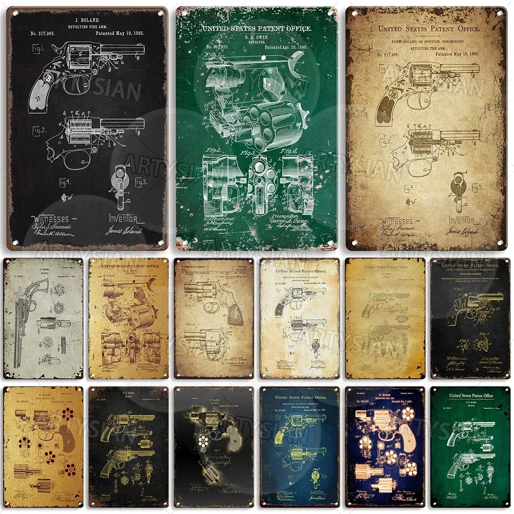 Revolver สิทธิบัตรป้ายโลหะ Handgun Plaque ปืนพกการวิเคราะห์ภาพวาดโปสเตอร์ Daniel B. Wesson Beaumont J. Boland J. Walch Mason