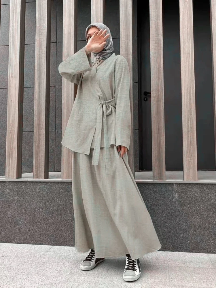 Ramadan Eid Two Piece Sets Shirt &Pants Women Muslim Suits Shirt Blouse Musulman Ensembles Moroccan Kaftan Islamic Outfit Sets