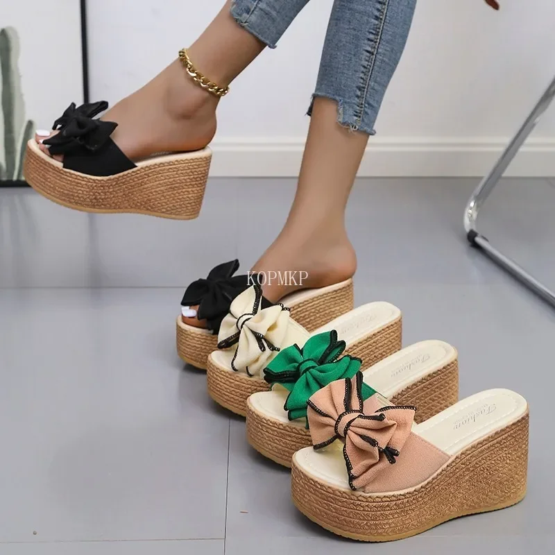 Summer New Women Slippers Fashion Pee Toe Shoes Butterfly-knot High Heels Women Slides Platform Wedges Women Shoes 34-43