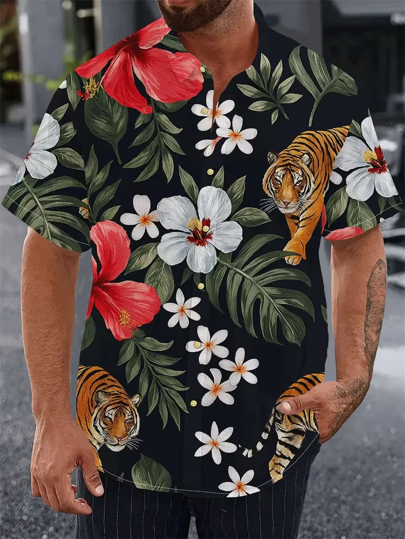 

Gold Baroque Hawaiian Shirt Men Leopard Print Belt Chain Graphic Casual Beach Party Button Down Top High Quality Shirts