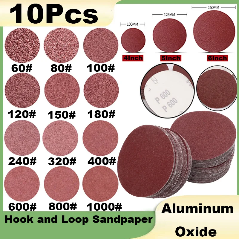10Pcs 4/5/6Inch100/125/150mm Round Hook and Loop Sandpaper Woodworking Metal Grinding Disc Abrasive Polishing Tool For Polishing