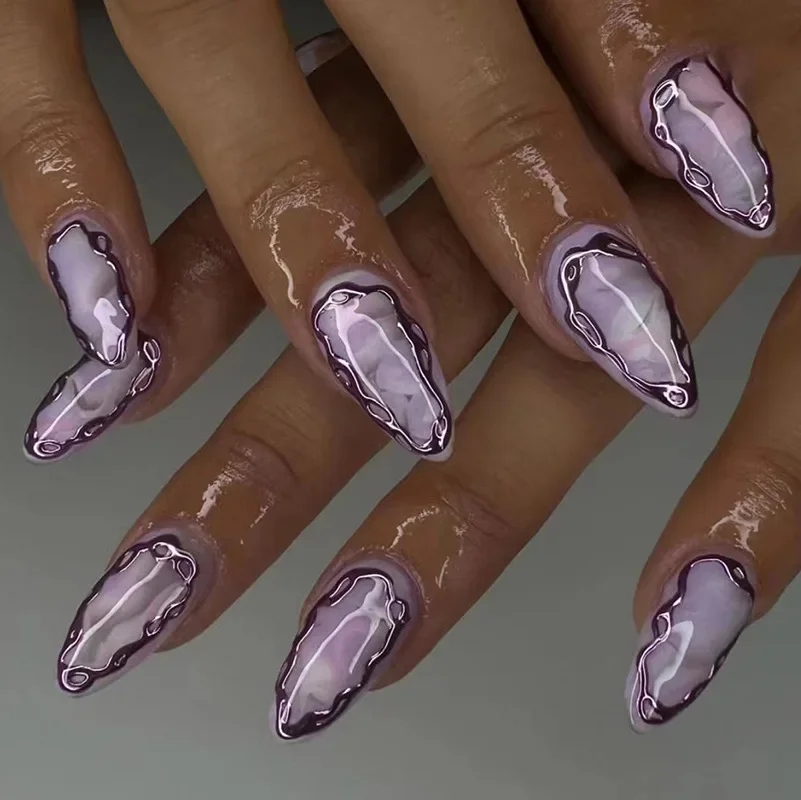 24pcs Sweet Cool Colorful French Almond False Nails with 3D Line Design Pearl Fake Nails Full Cover Wearable Manicure Nail Tips