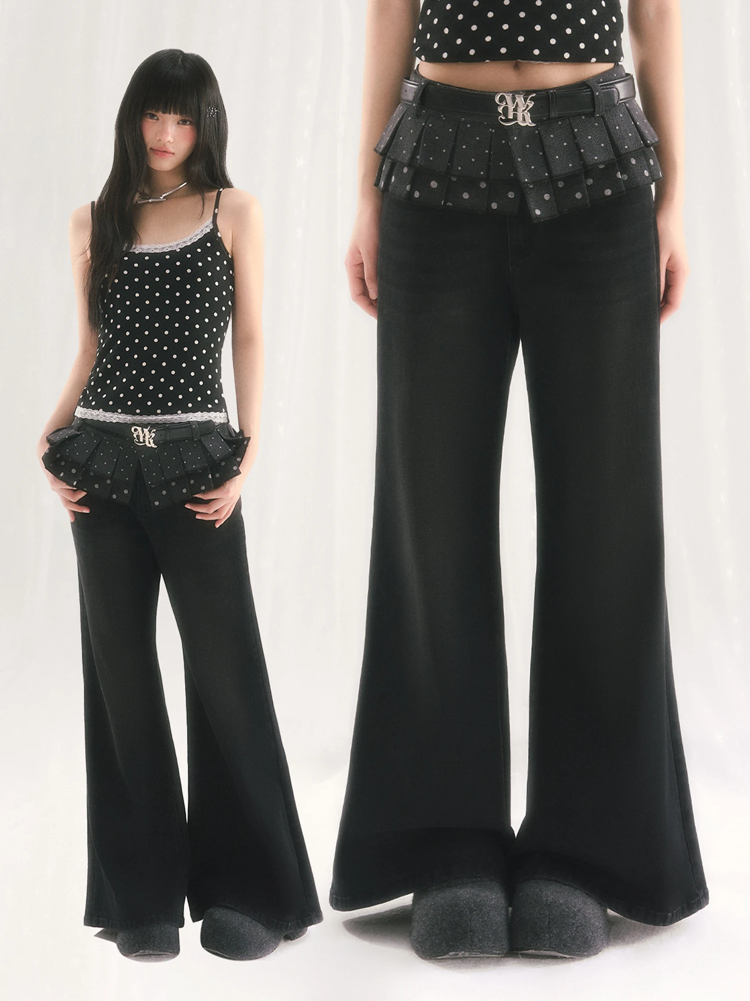 

Weekendhub Vintage Detachable Polka Dot Curtain Flared Jeans High Waist Loose Women's Jeans Spring Season Cotton Denim