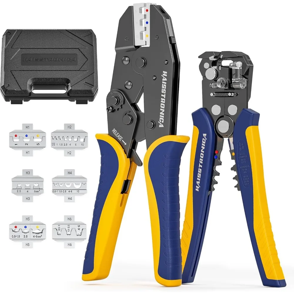 

6-in-1 Ratcheting Wire Crimper and Stripper Kit with Interchangeable Dies for Various Connectors, Ideal Tool Gifts