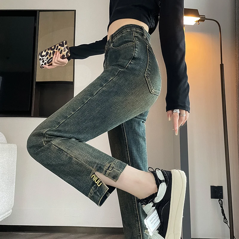 

Jeans Women Slit Korean Style Retro Distressed Ankle Length Trousers Cool Girl Age-reducing Temperament Leisure Daily All-match